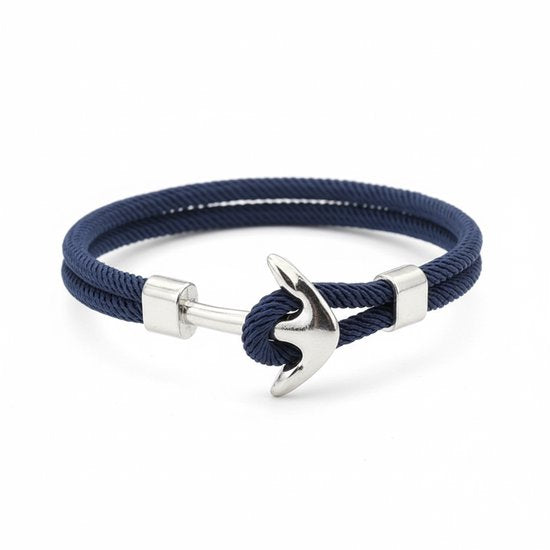 8721381455051 Heren armband – donkerblauw koord met zilverkleurige anker sluiting – verstelbaar ontwerp