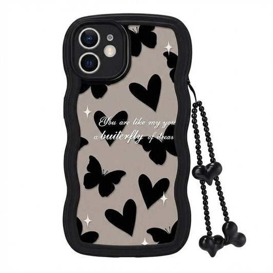 Golvend Hoesje Geschikt voor iPhone 12 Telefoonhoesje Case Hartjes en Vlinders Patroon met Koord