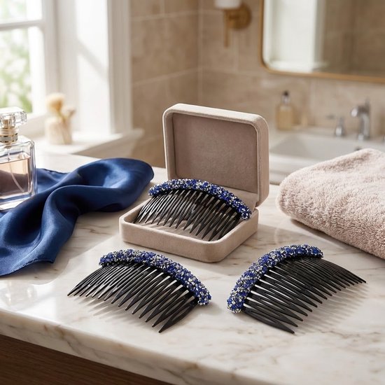 8721438350698 Set van 3 blauw strass haar kammen – kunststof decoratieve kammen met fijne tanden – elegante haaraccessoires voor dames – ideaal voor opsteekkapsels en feestelijke looks
