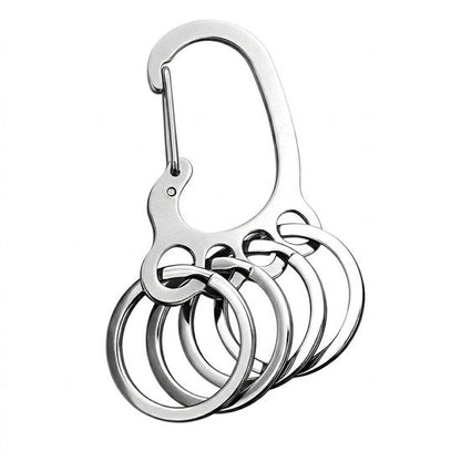 8721438355334 Zilverkleurige metalen sleutelhanger met karabijnhaak en 4 sleutelringen, roestvrij staal sleutel organizer dames en heren, compacte keychain voor sleutels en tas