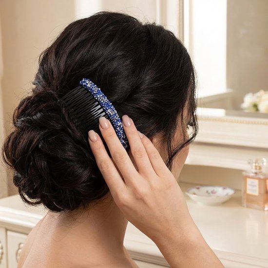 8721438350698 Set van 3 blauw strass haar kammen – kunststof decoratieve kammen met fijne tanden – elegante haaraccessoires voor dames – ideaal voor opsteekkapsels en feestelijke looks