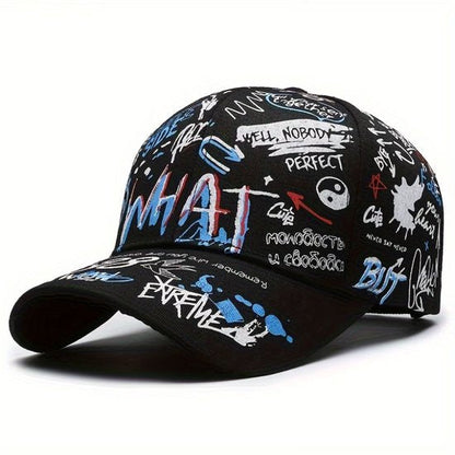 Zwart graffiti print baseball pet dames en heren – cap met tekst en street art patroon – verstelbare hip hop baseball pet met gebogen klep – zwarte casual pet voor streetwear en dagelijks gebruik