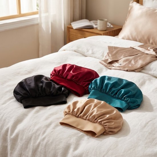 Set van 4 satijnen haar bonnets dames en heren – elastische slaapmutsen met brede band – satijnen haarmutsen tegen pluis en wrijving – antikroes slaap caps in zwart, turquoise, rood en goudkleurig