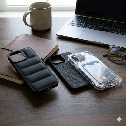 Grijs en zwart telefoon hoesje set met kaartvak en structuur design geschikt voor iPhone 17 – backcover cases voor dames en heren met transparant hoesje, geribbelde textuur en gewatteerd uiterlijk