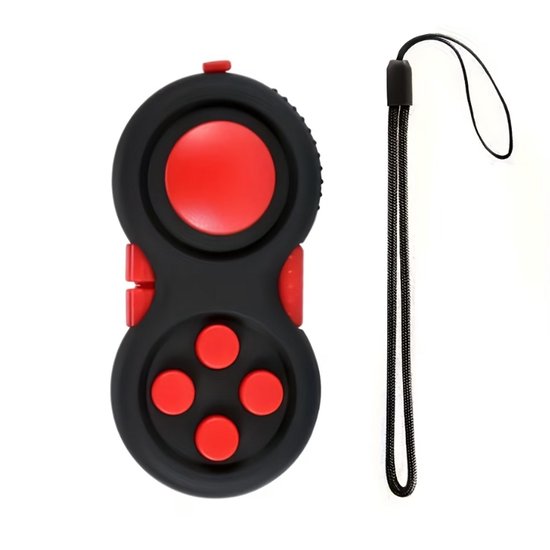 Zwart rood fidget toy stress speelgoed hand gadget met drukknoppen en polskoord – hand fidget toy voor dames en heren – compact hand speelgoed met grote ronde knop en vier rode knoppen – draagbaar fidget speelgoed voor in de hand