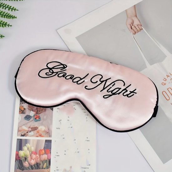 Roze slaap masker oog masker dames en heren – satijn look slaapmasker met “Good Night” borduurwerk en elastische band, bedekkend oog masker voor slapen, reizen en rustmomenten