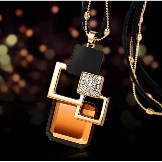 8721381459172 Zwart-goudkleurige ketting voor dames met geometrische hanger en bruine steen – ketting met hanger