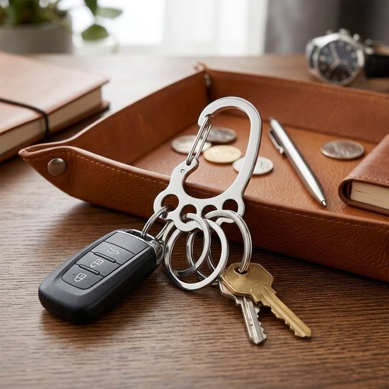 8721438355334 Zilverkleurige metalen sleutelhanger met karabijnhaak en 4 sleutelringen, roestvrij staal sleutel organizer dames en heren, compacte keychain voor sleutels en tas