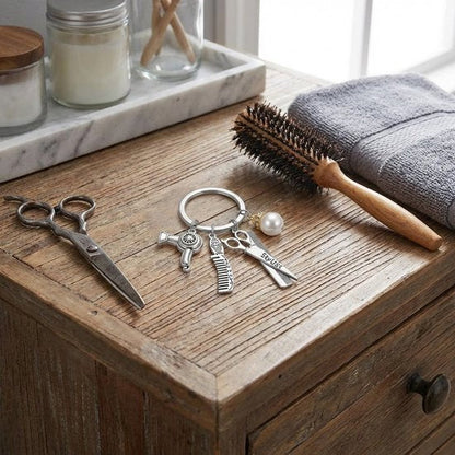 8721438355679 Zilverkleurige metaal sleutelhanger dames en heren met kappers charms – schaar, kam en föhn hanger met parel detail – stylist keychain voor kappers en hairstylists