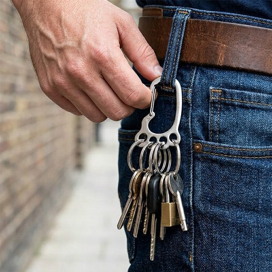 8721438355334 Zilverkleurige metalen sleutelhanger met karabijnhaak en 4 sleutelringen, roestvrij staal sleutel organizer dames en heren, compacte keychain voor sleutels en tas