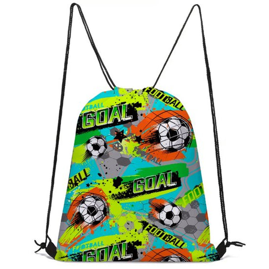 Blauwe groene oranje gymtas trekkoord rugzak voor dames en heren – sport gym tas met voetbal print en kleurrijk grafisch patroon – lichte sport tas voor fitness, school, training en sportactiviteiten