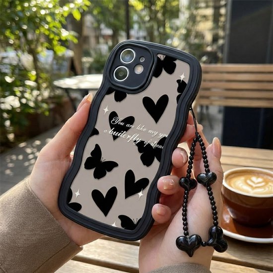Golvend Hoesje Geschikt voor iPhone 12 Telefoonhoesje Case Hartjes en Vlinders Patroon met Koord