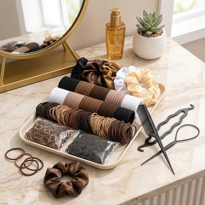 8721438345830 Neutrale en multicolor haar accessoires set – 1109 stuks – haarelastiekjes, mini elastiekjes, scrunchies en haar tools – complete elastiekjes set voor dames – veelzijdige haar styling set