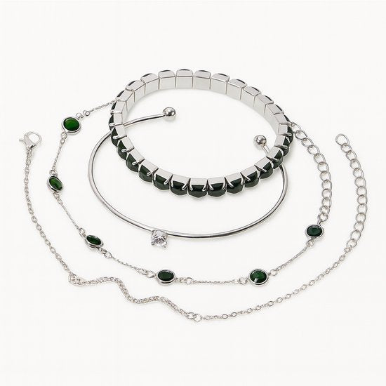 Set van 4 zilverkleurige armbanden voor dames – mix van schakel-, elastiek- en bangle designs met groene en transparante sierstenen