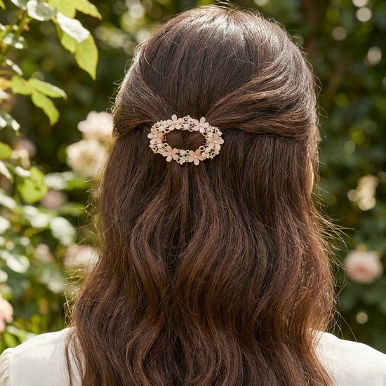 Beige bloemen haarclip dames – goudkleurige haarspeld met bloem decoratie en strass steentjes – elegante rechthoekige haar clip
