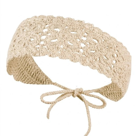 8721438344390 Beige gehaakte haarband met striksluiting – bohemian hoofdband van katoen – haakwerk haaraccessoire voor dames – geschikt voor festivals, zomeroutfits en dagelijks gebruik