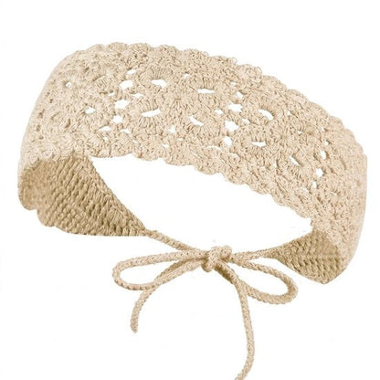 8721438344390 Beige gehaakte haarband met striksluiting – bohemian hoofdband van katoen – haakwerk haaraccessoire voor dames – geschikt voor festivals, zomeroutfits en dagelijks gebruik