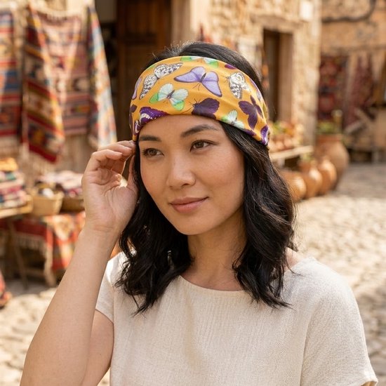 8721438343393 Gele elastische haarband dames met vlinderprint – brede stoffen hoofdband – kleurrijke modieuze haarband voor dagelijks gebruik, yoga en festivals