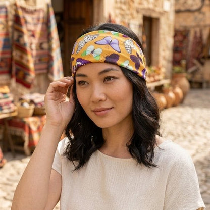 8721438343393 Gele elastische haarband dames met vlinderprint – brede stoffen hoofdband – kleurrijke modieuze haarband voor dagelijks gebruik, yoga en festivals