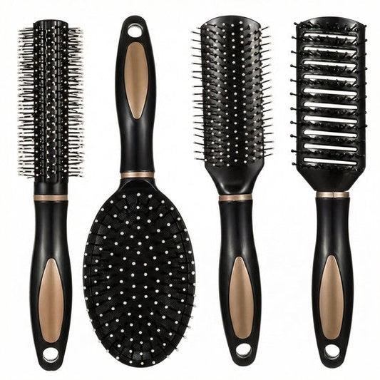 8721438352357 Zwart haarborstel set 4 delig voor dames en heren krullen haarborstel met air cushion ontwerp en kunststof pinnen geschikt voor dagelijks gebruik en krullend haar