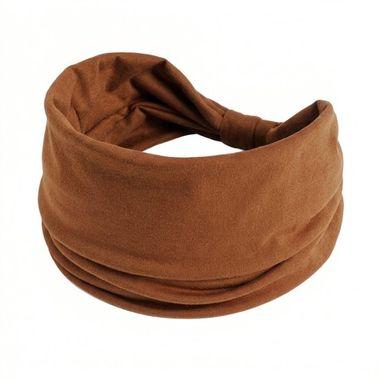8721438341924 Bruine elastische haarband dames en heren – brede stoffen haarband – rekbare sport en yoga haarband – unisex haar accessoire