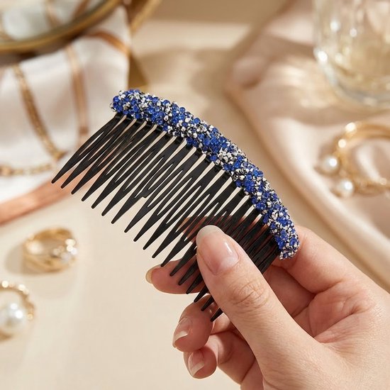 8721438350698 Set van 3 blauw strass haar kammen – kunststof decoratieve kammen met fijne tanden – elegante haaraccessoires voor dames – ideaal voor opsteekkapsels en feestelijke looks