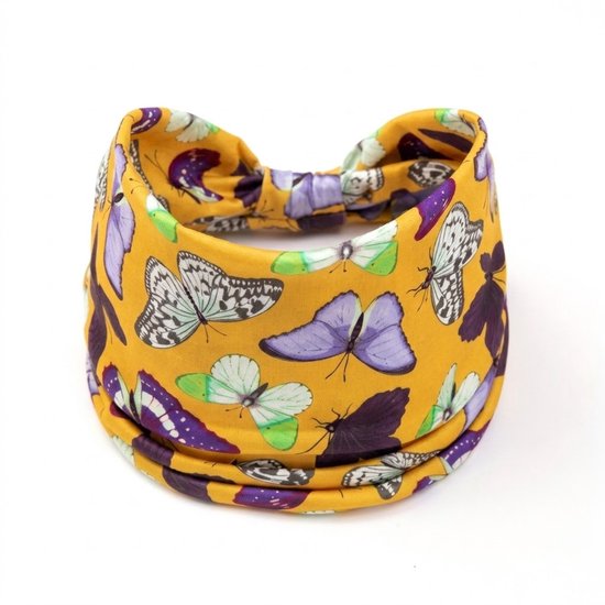 8721438343393 Gele elastische haarband dames met vlinderprint – brede stoffen hoofdband – kleurrijke modieuze haarband voor dagelijks gebruik, yoga en festivals