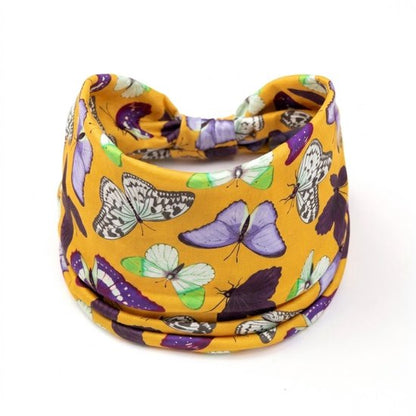 8721438343393 Gele elastische haarband dames met vlinderprint – brede stoffen hoofdband – kleurrijke modieuze haarband voor dagelijks gebruik, yoga en festivals