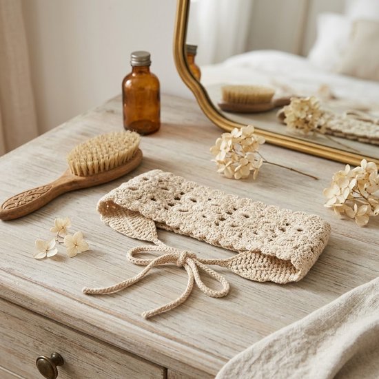 8721438344390 Beige gehaakte haarband met striksluiting – bohemian hoofdband van katoen – haakwerk haaraccessoire voor dames – geschikt voor festivals, zomeroutfits en dagelijks gebruik
