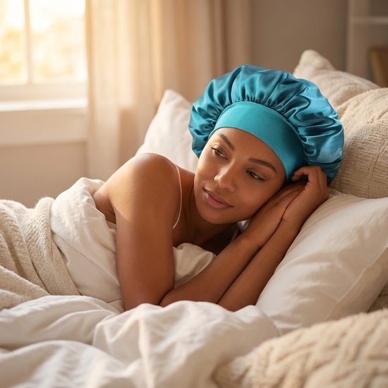 Set van 4 satijnen haar bonnets dames en heren – elastische slaapmutsen met brede band – satijnen haarmutsen tegen pluis en wrijving – antikroes slaap caps in zwart, turquoise, rood en goudkleurig