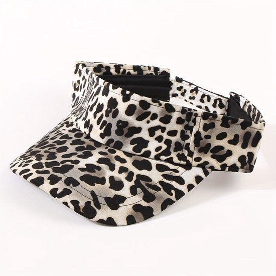 Beige zwart luipaardprint zonneklep dames en heren – verstelbare visor pet met gebogen klep – open bovenkant cap met dierenprint – casual zomer zonneklep voor outdoor, strand en vrije tijd