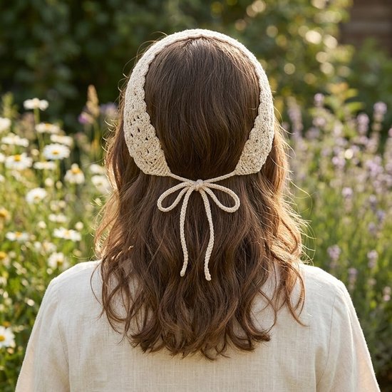 8721438344390 Beige gehaakte haarband met striksluiting – bohemian hoofdband van katoen – haakwerk haaraccessoire voor dames – geschikt voor festivals, zomeroutfits en dagelijks gebruik