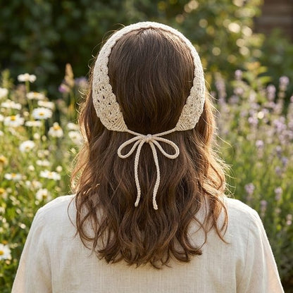 8721438344390 Beige gehaakte haarband met striksluiting – bohemian hoofdband van katoen – haakwerk haaraccessoire voor dames – geschikt voor festivals, zomeroutfits en dagelijks gebruik