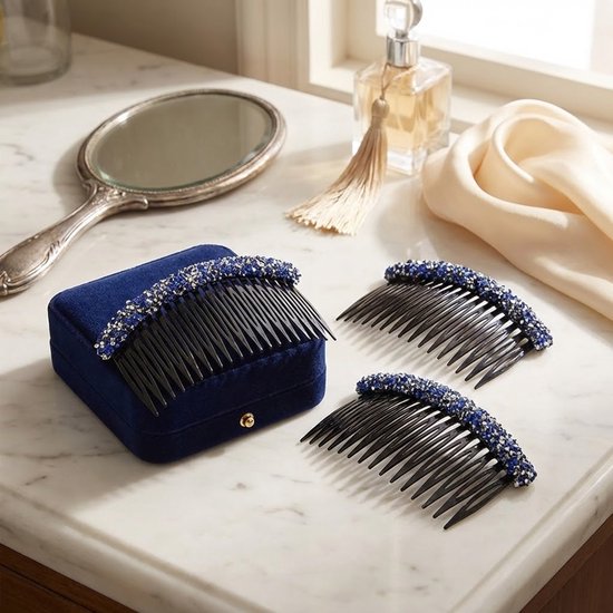 8721438350698 Set van 3 blauw strass haar kammen – kunststof decoratieve kammen met fijne tanden – elegante haaraccessoires voor dames – ideaal voor opsteekkapsels en feestelijke looks