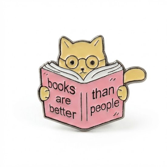 8721438366880 Schattige Kattenbroche met Boek – “Books Are Better Than People” Emaille Pin