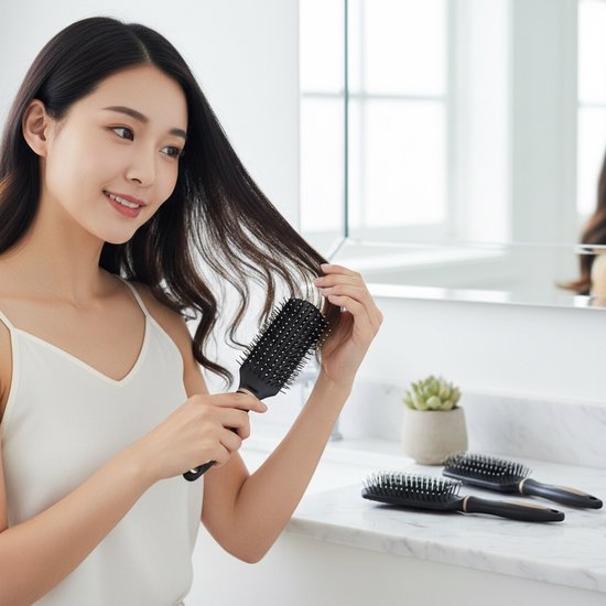 8721438352357 Zwart haarborstel set 4 delig voor dames en heren krullen haarborstel met air cushion ontwerp en kunststof pinnen geschikt voor dagelijks gebruik en krullend haar