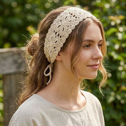 8721438344390 Beige gehaakte haarband met striksluiting – bohemian hoofdband van katoen – haakwerk haaraccessoire voor dames – geschikt voor festivals, zomeroutfits en dagelijks gebruik
