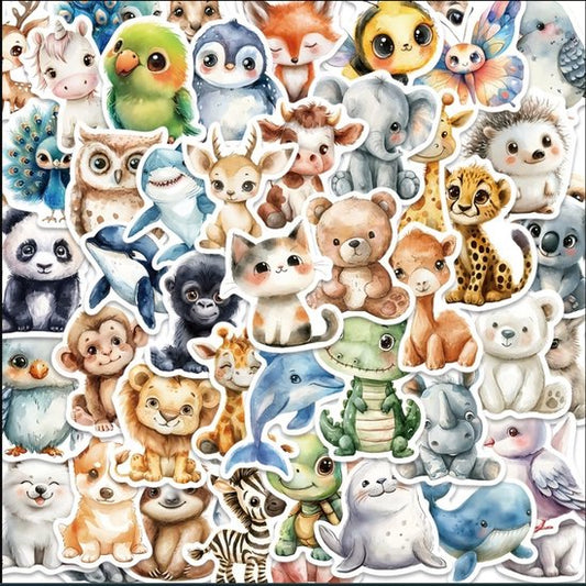 Multikleur stickers set dieren 50 stuks – cartoon sticker set met watercolor dieren illustraties – pvc stickers voor kinderen en volwassenen – decoratieve plak stickers