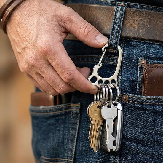 8721438355334 Zilverkleurige metalen sleutelhanger met karabijnhaak en 4 sleutelringen, roestvrij staal sleutel organizer dames en heren, compacte keychain voor sleutels en tas