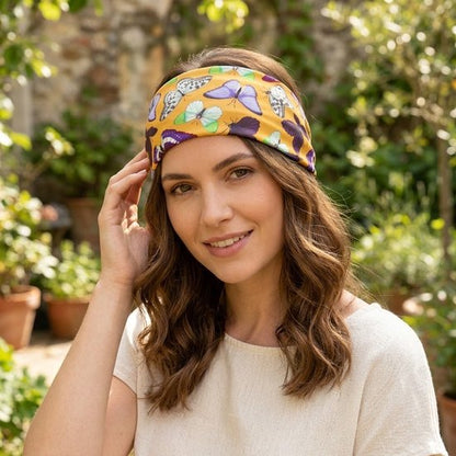 8721438343393 Gele elastische haarband dames met vlinderprint – brede stoffen hoofdband – kleurrijke modieuze haarband voor dagelijks gebruik, yoga en festivals