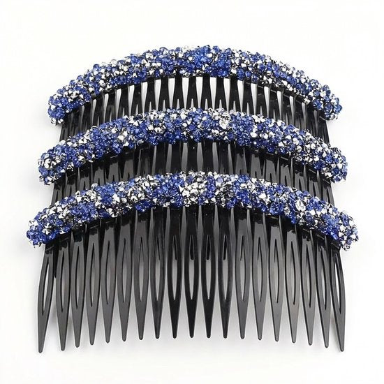 8721438350698 Set van 3 blauw strass haar kammen – kunststof decoratieve kammen met fijne tanden – elegante haaraccessoires voor dames – ideaal voor opsteekkapsels en feestelijke looks