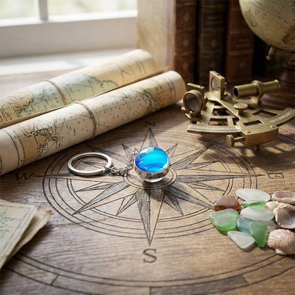 Zilverkleurige ronde sleutelhanger met planeet Neptunus afbeelding – sleutelhanger voor dames en heren – metalen keychain met blauwe planeet hanger en schakel ketting