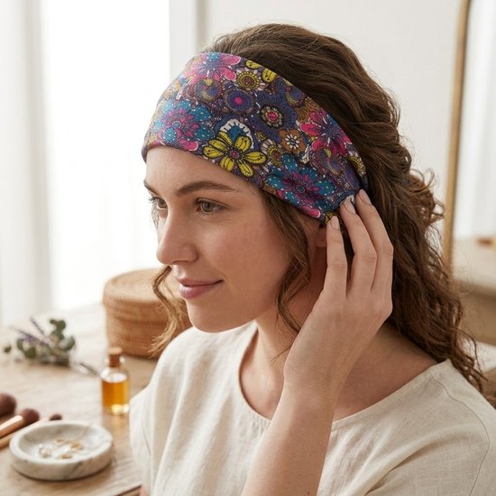 8721438343416 Multicolor elastische haarband dames met bloemenprint – brede stoffen hoofdband – kleurrijke modieuze haarband voor dagelijks gebruik, yoga en festivals