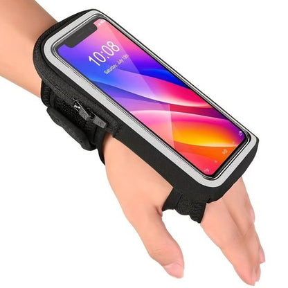 Zwart sport armband telefoon hoesje dames heren – pols houder telefoon hoes met transparant scherm en rits vak – elastische hardloop armband met kaart vak voor smartphone geschikt voor hardlopen fitness wandelen
