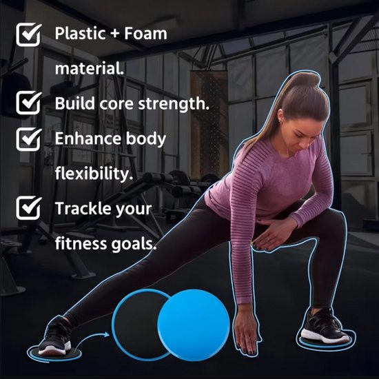 Paars fitness glijschijven buikspier trainer dames en heren pilates schuifschijven set 2 stuks met gladde kunststof bovenzijde en zwarte onderzijde voor core training yoga fitness en thuis workout
