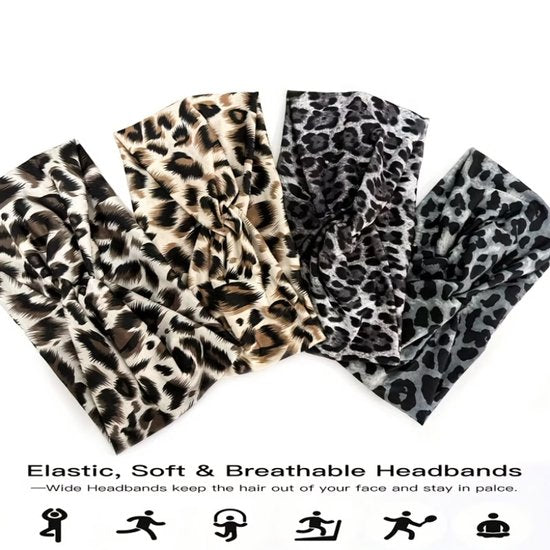 Beige grijze zwarte luipaardprint sport hoofdband set voor dames – 4 delige elastische haarband set met gedraaide voorkant – brede sport hoofdbanden voor yoga, hardlopen, fitness en training