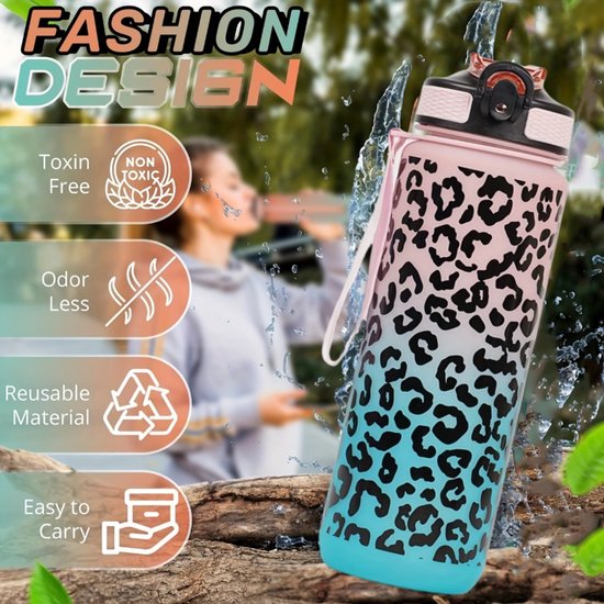Roze turquoise kleurverloop waterfles bidon dames met zwart luipaard patroon en draaglus – herbruikbare sport waterfles met flip drinkdop en sluitclip voor fitness sport fietsen school kantoor en outdoor gebruik