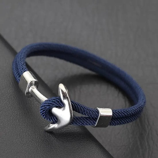 8721381455051 Heren armband – donkerblauw koord met zilverkleurige anker sluiting – verstelbaar ontwerp