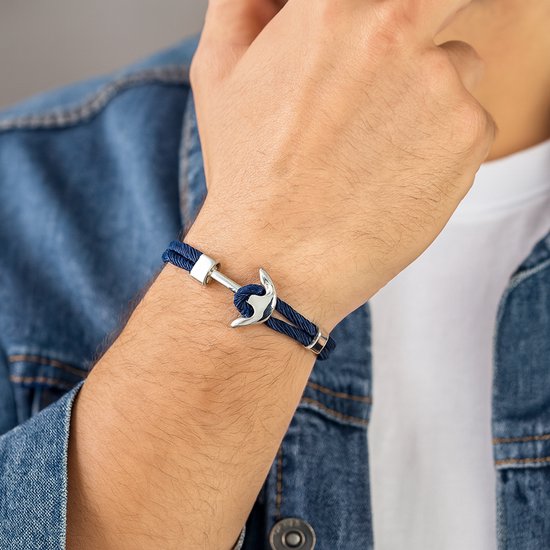 8721381455051 Heren armband – donkerblauw koord met zilverkleurige anker sluiting – verstelbaar ontwerp