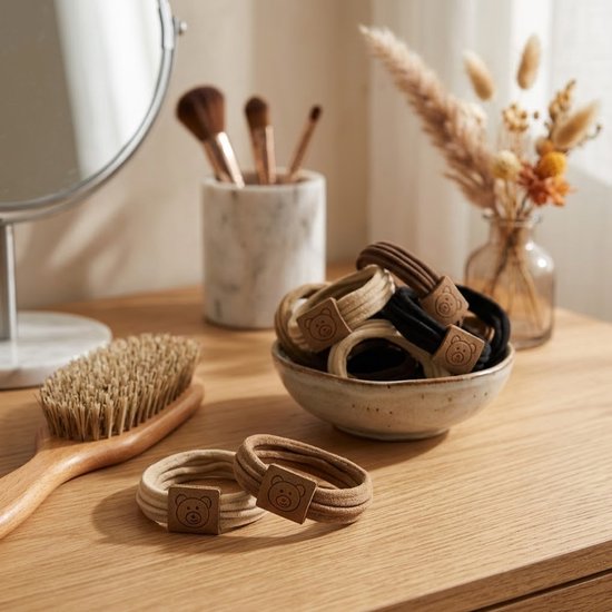 8721438345960 Beige en bruin haarelastiekjes set – 10 stuks – stoffen haar elastiekjes met dierenprint detail – rekbare en comfortabele elastiekjes voor dames – neutrale haar accessoires